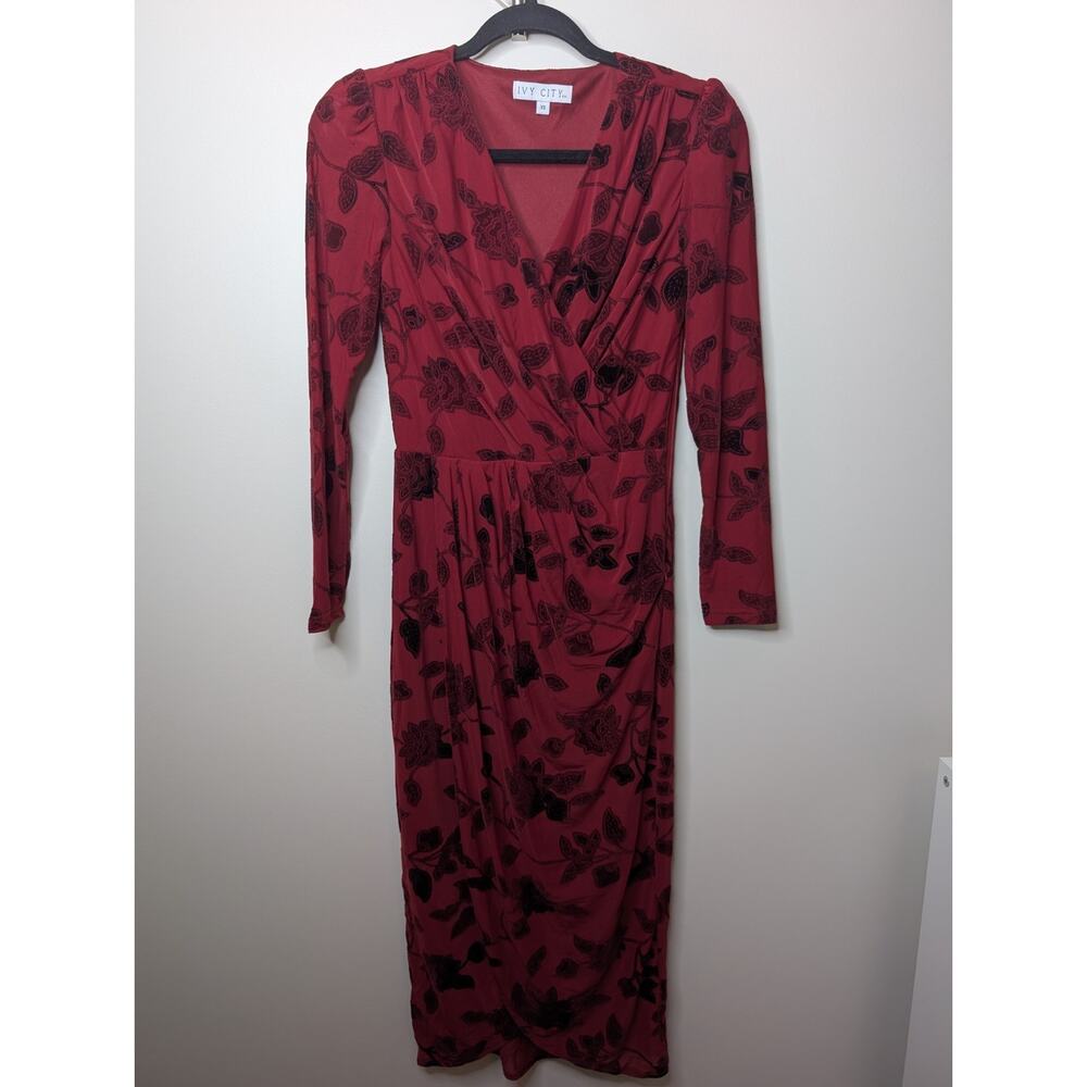 Ivy City Dark Red Burnout Net And Velvet Dress  XS